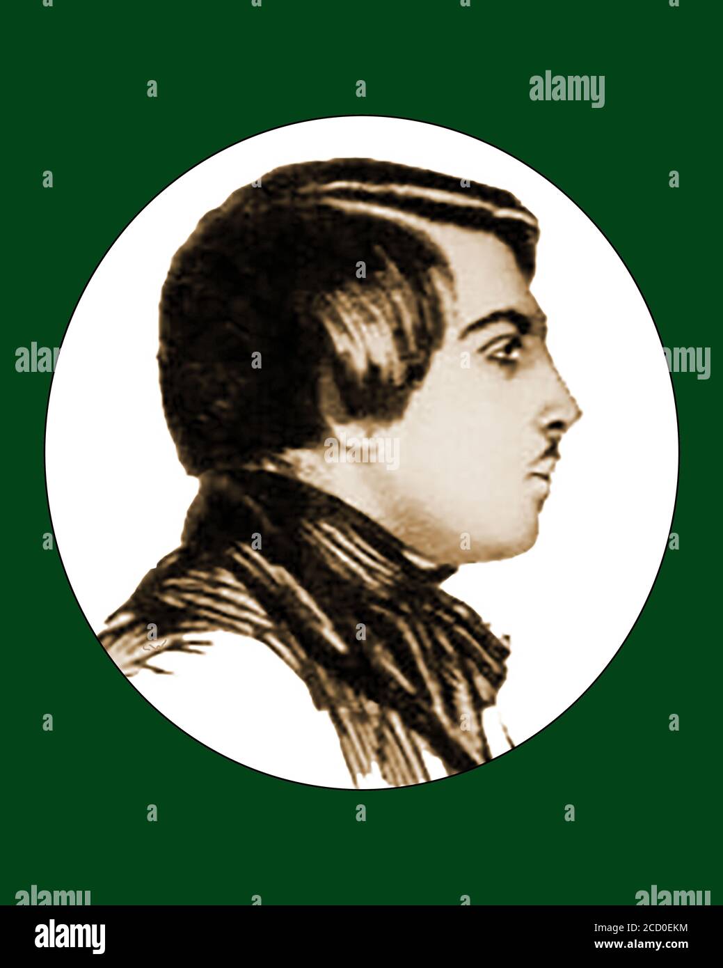 Ein ungewöhnliches Porträt des 1839-jährigen Friedrich Engels (1820-1895) 19. Engels war ein deutscher Philosoph und kommunistischer Aktivist sowie ein Historiker, Sozialwissenschaftler, Soziologe, Journalist und Geschäftsmann sein Vater besaß eine Reihe von großen Textilfabriken in Salford, England, Und Barmen, Preußen (heute Wuppertal).Engels entwickelte die heute als marxistische Theorie bekannte Theorie in Zusammenarbeit mit Karl Marx, war Mitautor des Kommunistischen Manifests und gab Marx tatsächlich finanzielle Unterstützung. Als Schriftsteller schrieb er unter dem Namen Er schrieb unter dem Pseudonym "Friedrich Oswald". Stockfoto