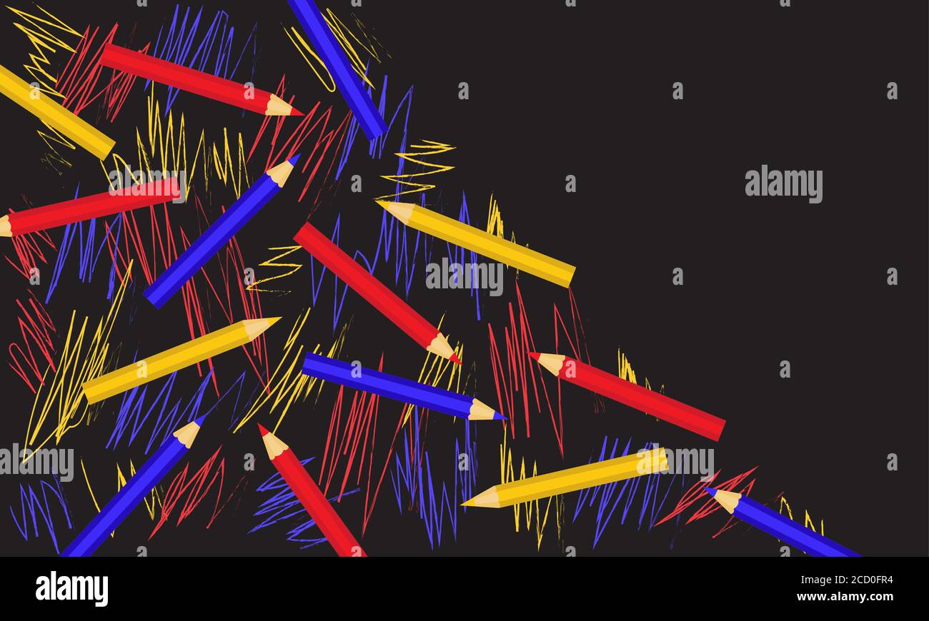 Abstrakter Hintergrund mit Buntstiften und Doodle in flacher Ausführung. Vektor EPS10. Stock Vektor