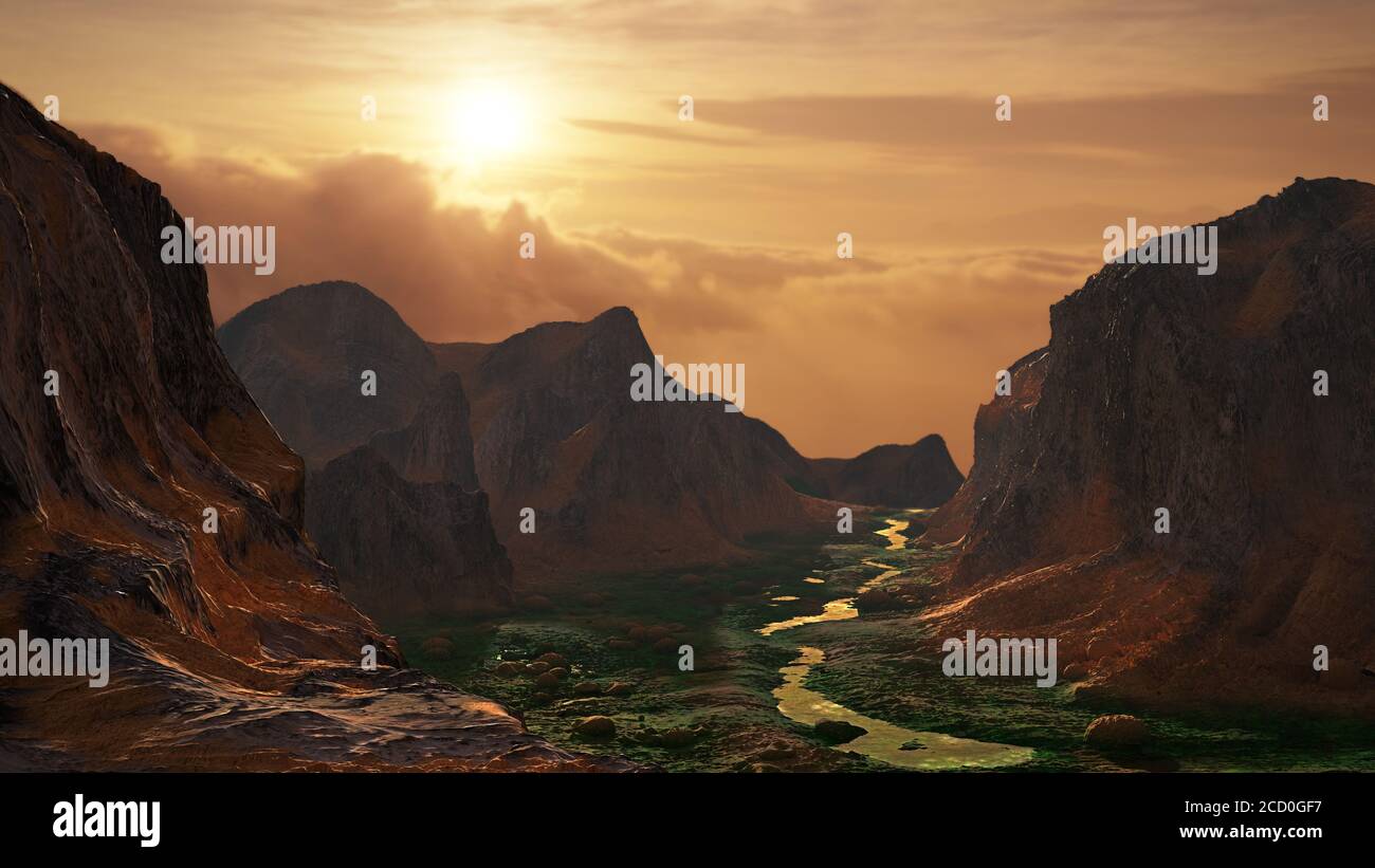 Leben auf dem alten Mars, flüssiges Wasser und blühende Lebensformen in der frühen Marslandschaft Stockfoto