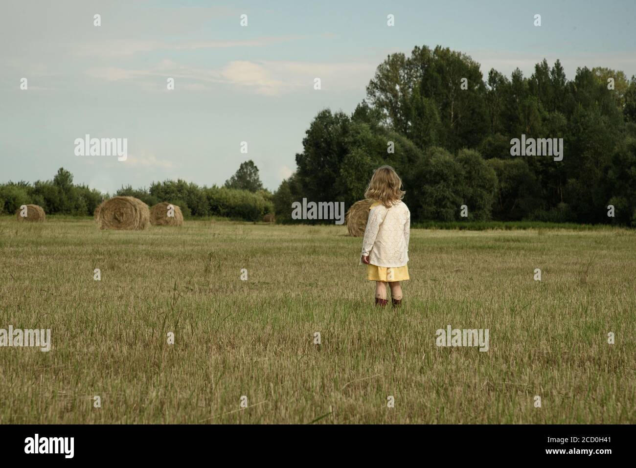 Ein Mädchen im Dorfstil steht auf einem Feld mit abgeschrägtem Heu. Blick von hinten. Stockfoto