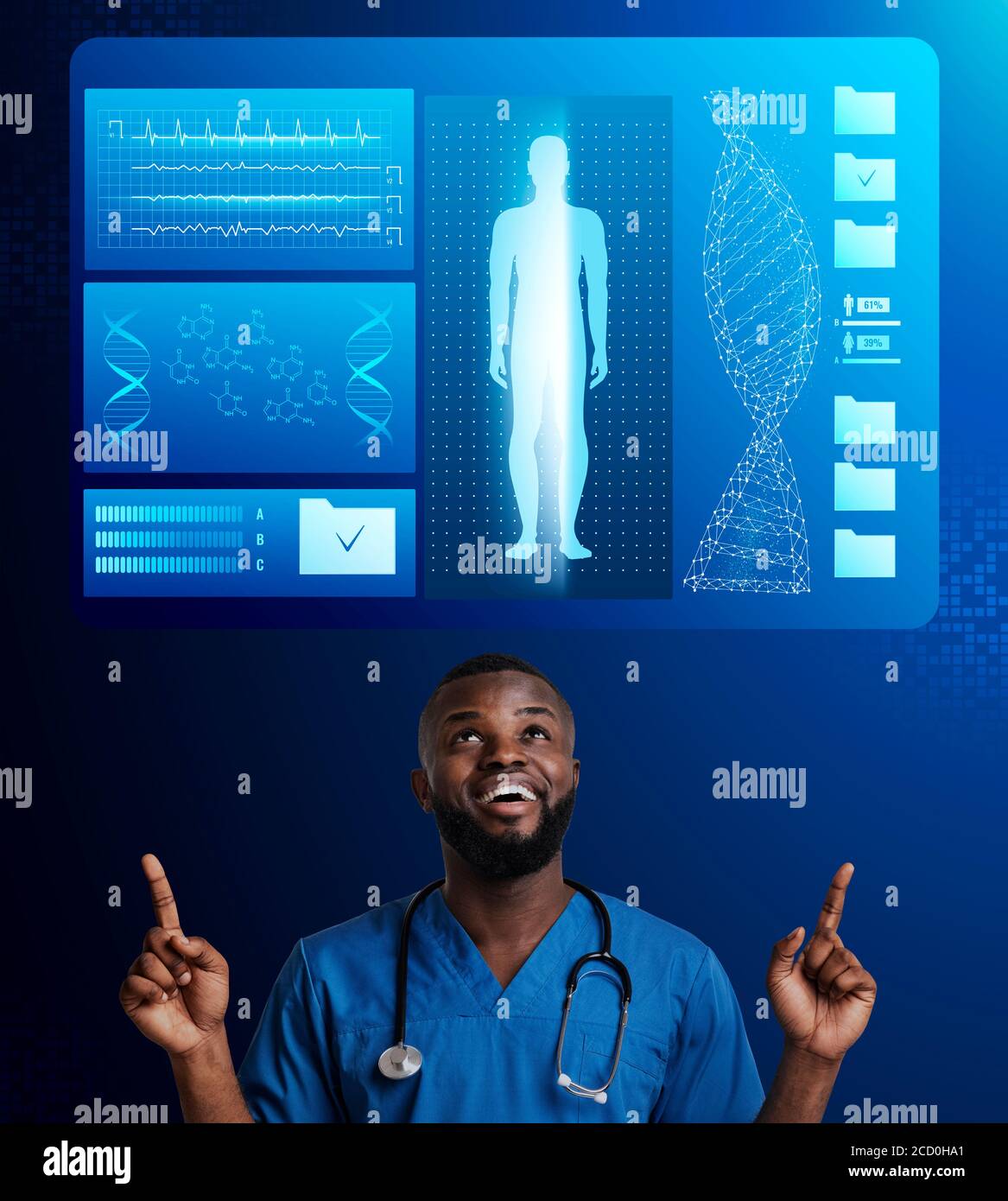 Afroamerikanischer Arzt zeigt auf menschliches Hologramm und DNA-Daten auf virtuellem Bildschirm, Collage Stockfoto