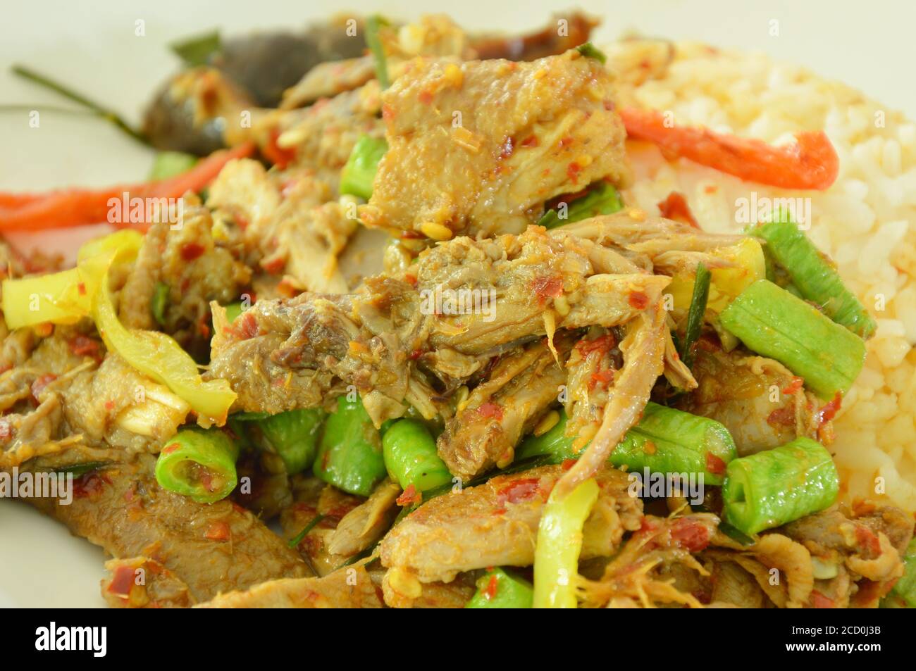 Gebratenes würziges Wildschwein und Kokosnuss-Shoot mit Rot umrühren Curry auf dem Teller Stockfoto