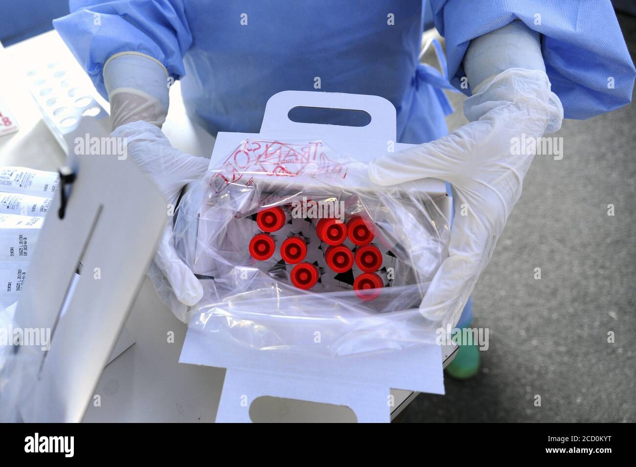 Mailand (Italien), Abstrichbesteck für die Diagnose einer Covid-19-Virusinfektion im Krankenhaus von San Paolo Stockfoto