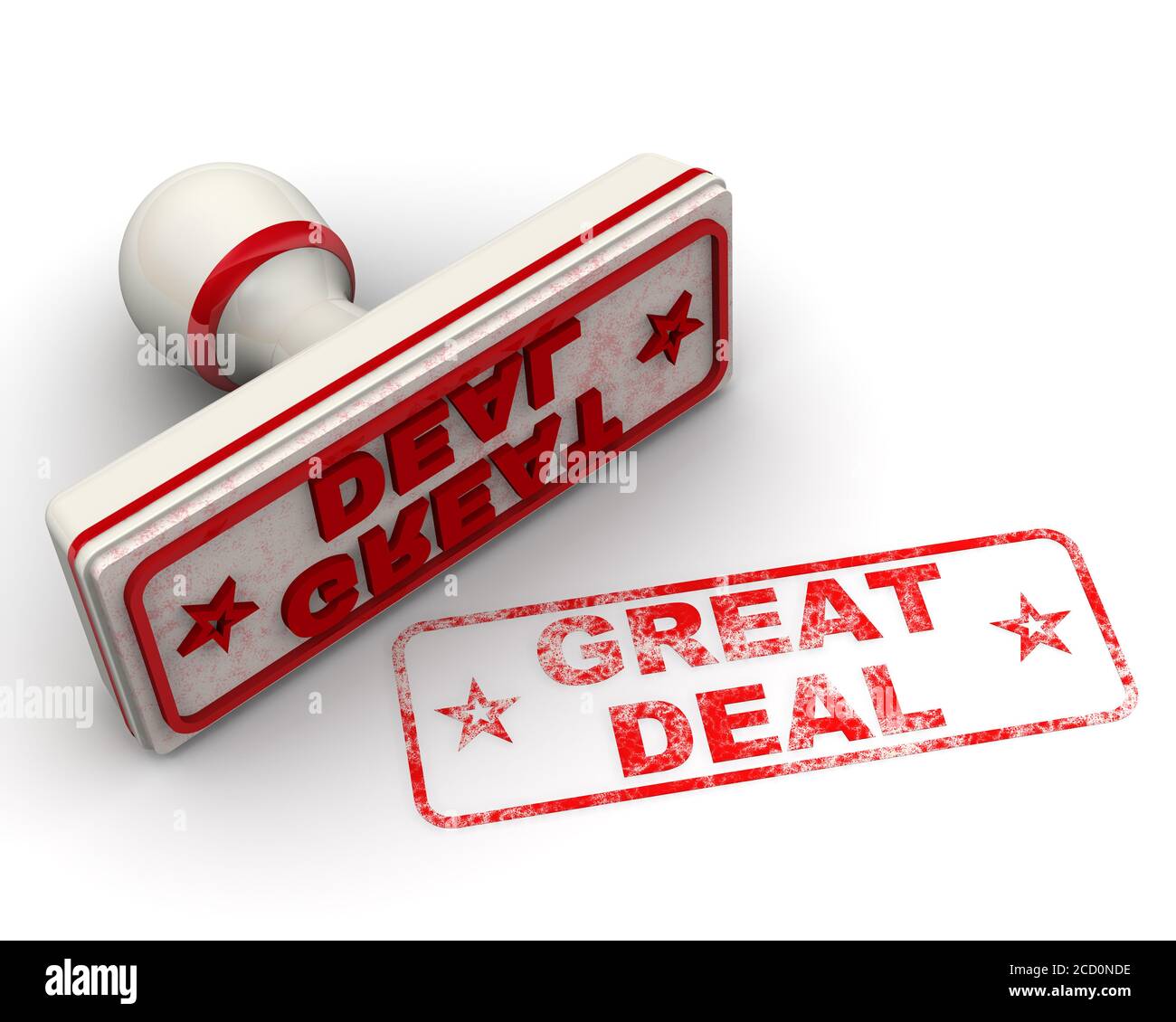 Tolles Angebot. Das Siegel und ein Aufdruck. Roter Gummistempel und ein Aufdruck VIEL auf weißer Oberfläche. 3D-Illustration Stockfoto