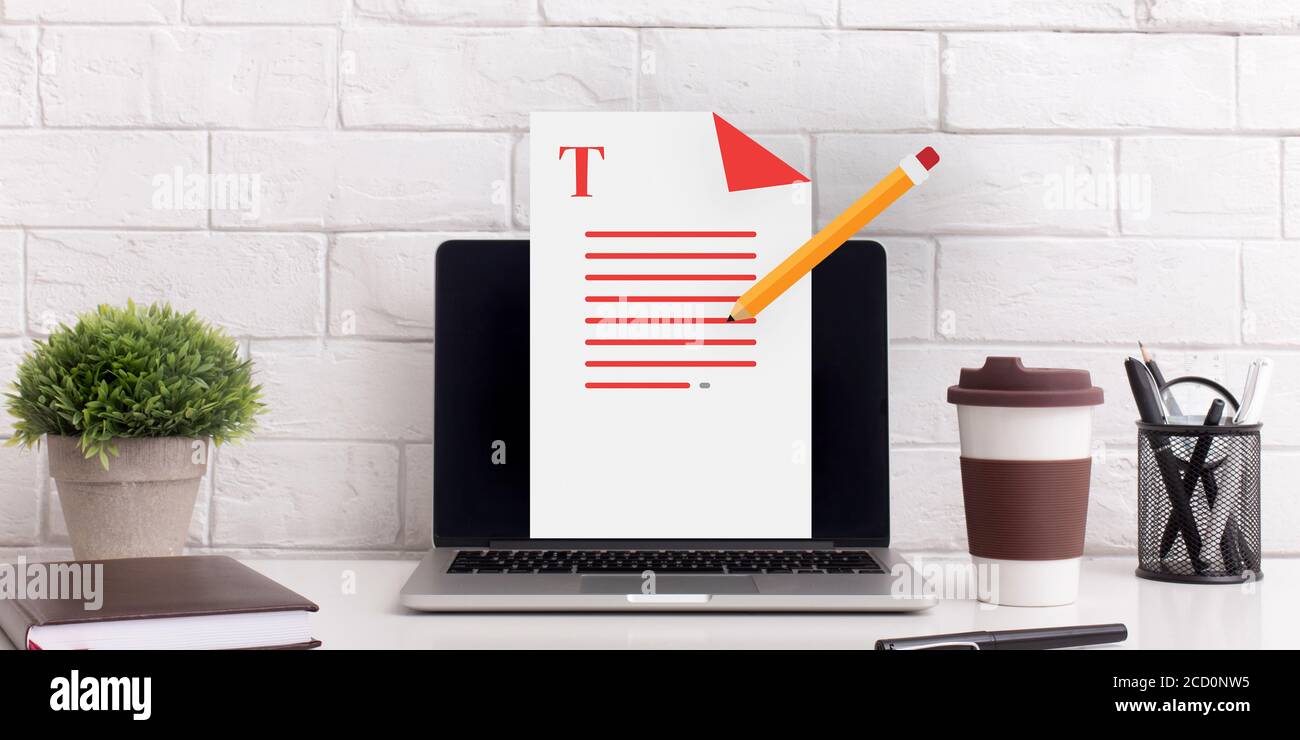 Text Web Icon Illustration Auf Laptop In Office, Collage, Panorama Stockfoto