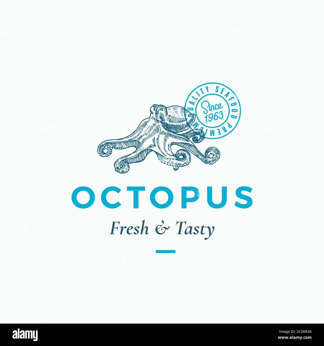 Fresh and Tasty Seafood Abstract Vektor-Zeichen, Symbol oder Logo-Vorlage. Handgezeichneter Octopus mit Premium Classic Typografie und Qualitätssiegel. Stylisch Stock Vektor