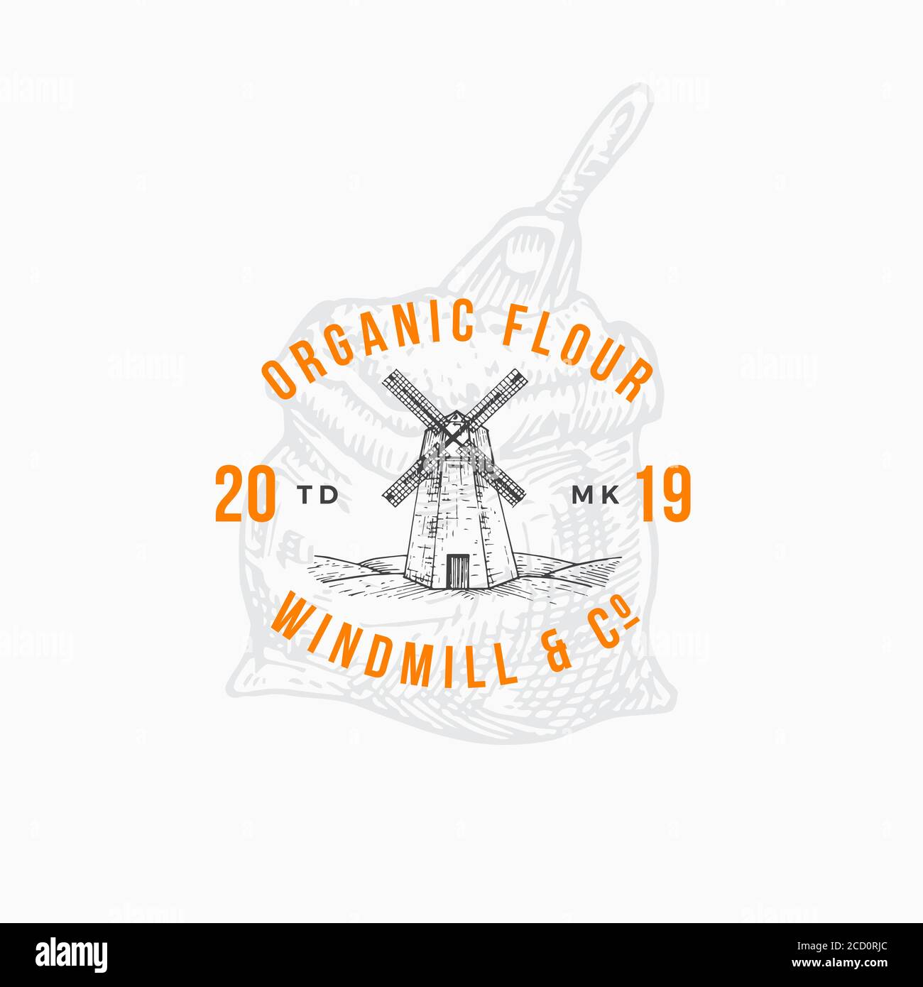 Flour Windmill Abstract Vektor-Zeichen, Symbol oder Logo-Vorlage. Handgezeichnete Windmühle und Mehl Tasche mit Scoop Sketch Illustration und Retro Typografie Stock Vektor