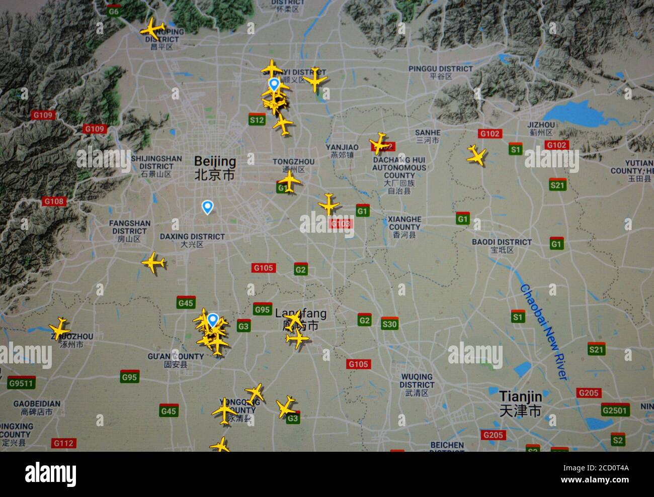 Flugverkehr Peking Aerat (25. august 2020, UTC 09.19), im Internet mit Flightradar 24 Website, während der Coronavirus Pandemie Periode Stockfoto