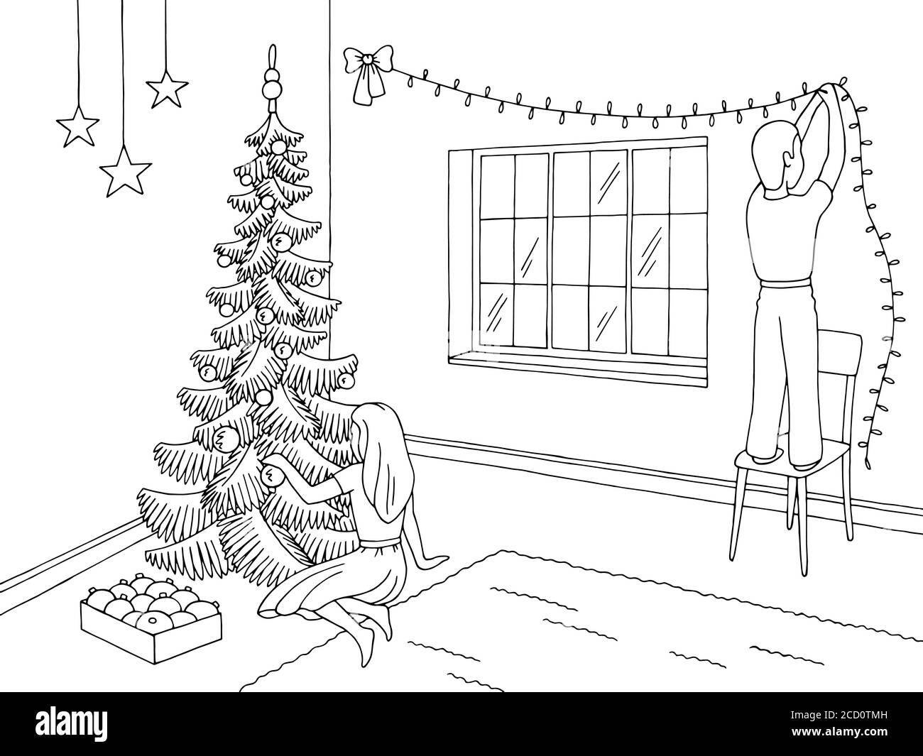 Wohnzimmer Grafik schwarz weiß Interieur Skizze Illustration Vektor. Kinder dekorieren das Zimmer und Weihnachtsbaum Stock Vektor