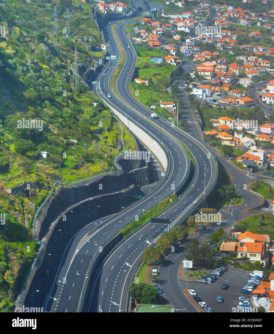 Luftansicht der Autobahn. Mochico, Insel Madeira, Portugal Stockfoto