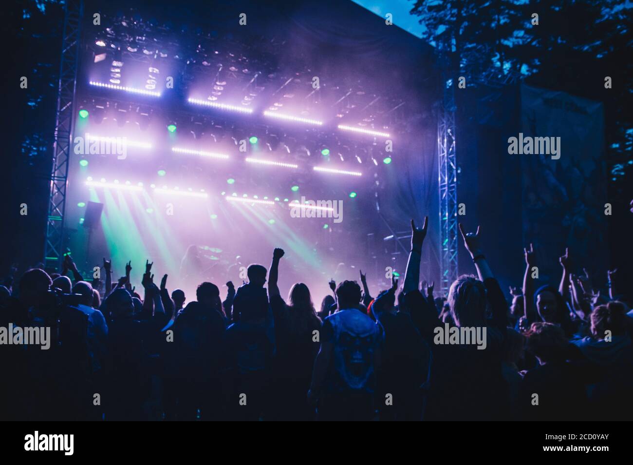 Menge mit erhobenen Händen in Konzert in der Nacht Stockfoto