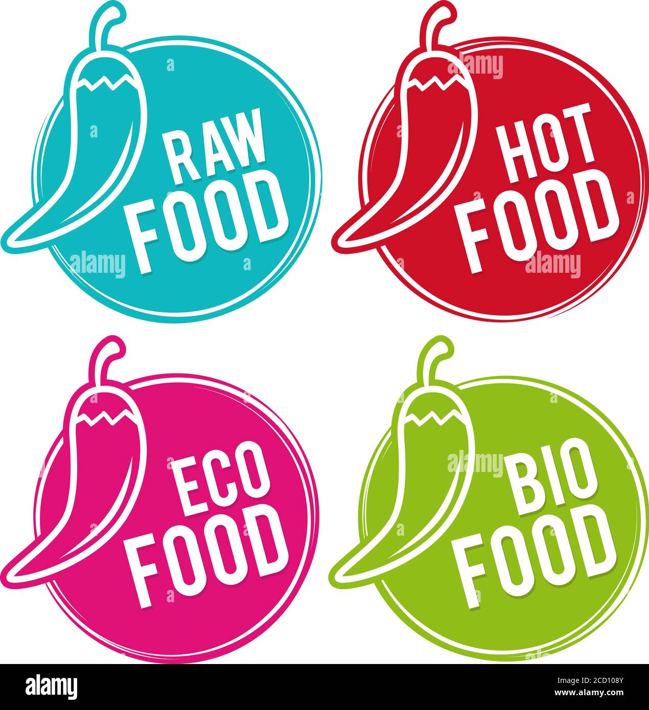 Set von Öko-Lebensmittelkennzeichen. RAW, Hot, Eco und Bio Food. Vektor von Hand gezeichnete Zeichen. Kann für Verpackungsdesign verwendet werden. Stock Vektor