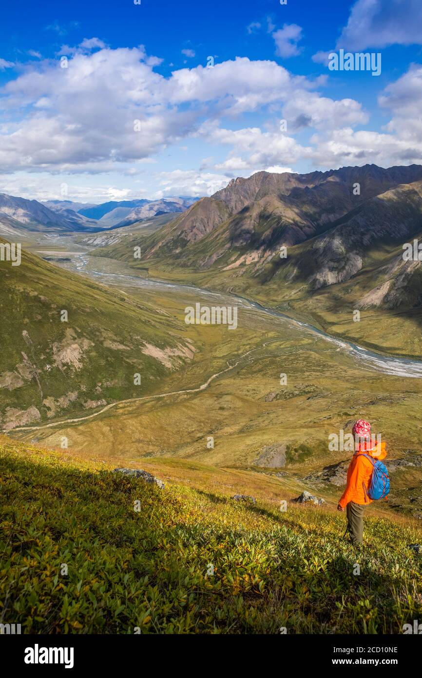 Weibliche Wandererin mit orangefarbenem Regenmantel und blauem Rucksack bietet einen Blick aus der Vogelperspektive auf die umliegenden Berge und den Fluss Marsh Fork und... Stockfoto