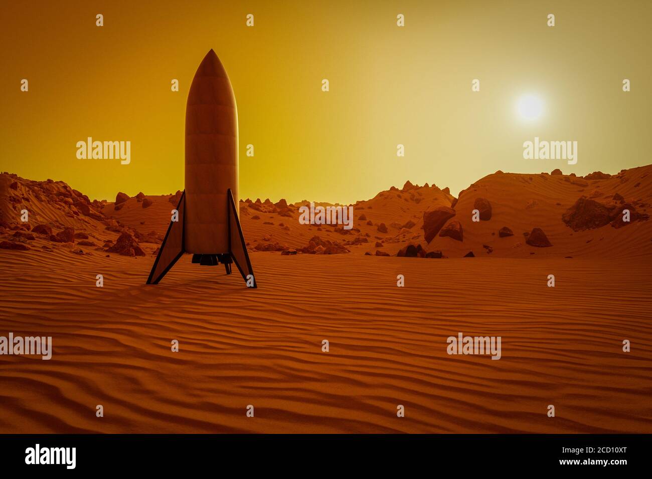 Eine Rakete steht in der roten Wüste des Mars (3d-Rendering) Stockfoto