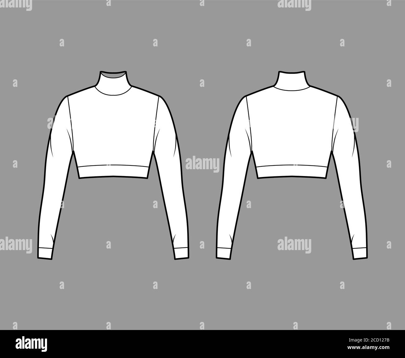 3/4-Jersey-Pullover mit Rollkragen technische Fashion-Illustration mit langen Ärmeln, eng anliegender Form. Flach outwear Pullover Bekleidung Vorlage vorne zurück weiß Farbe. Damen Herren Unisex Shirt Oberteil Mockup Stock Vektor