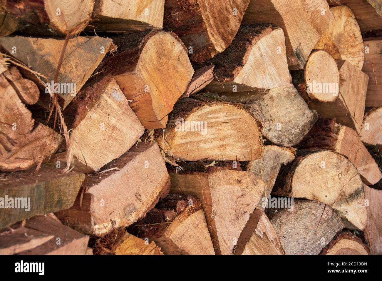 Stapel von gestapeltem Brennholz für die Winterheizung, Textur für den Hintergrund gespeichert Stockfoto
