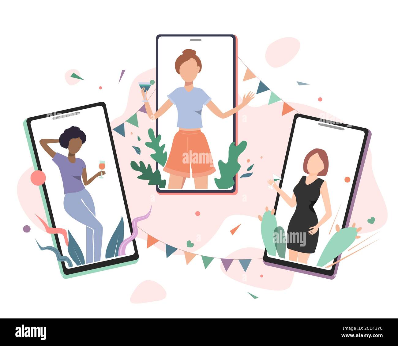Mädchen Quarantäne Party Vektor flache Illustration. Geburtstag Online-Feier oder Treffen mit Freunden Konzept. Hübsche Frauen hängen und haben Remote-Video Stock Vektor