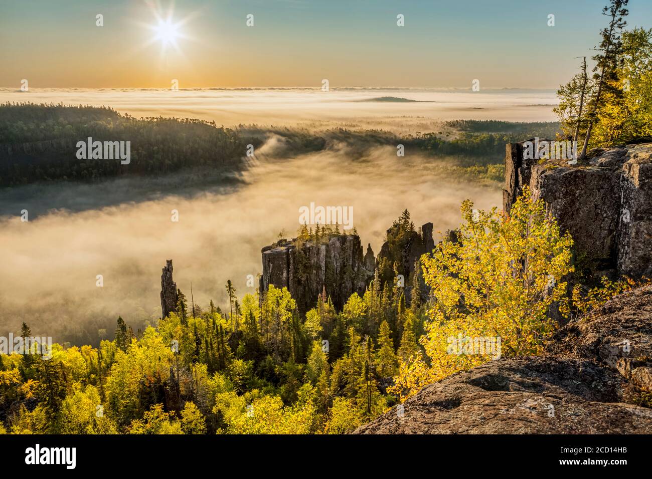 Sonnenaufgang über einem nebligen, nebligen Tal im Canadian Shield; Dorian, Ontario, Kanada Stockfoto