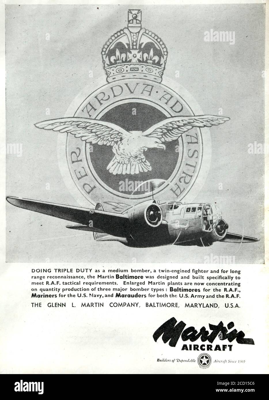 Vintage 1941 Werbung für die amerikanische Martin Flugzeughersteller mit dem Baltimore Bomber. Stockfoto