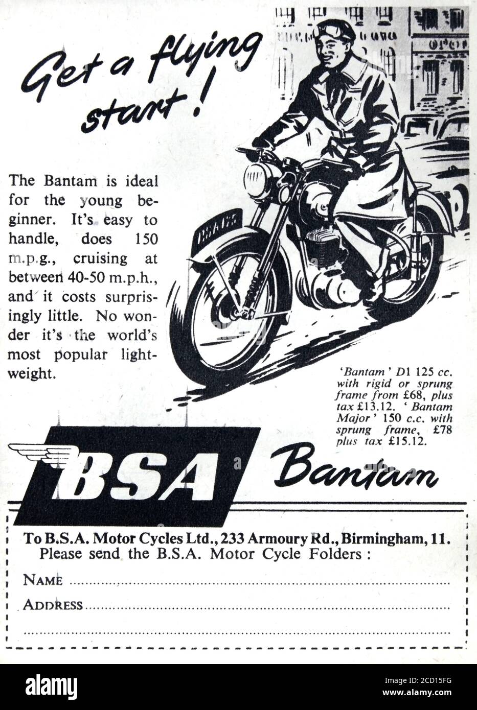 Vintage-Werbung für BSA Bantam Motorräder. Stockfoto