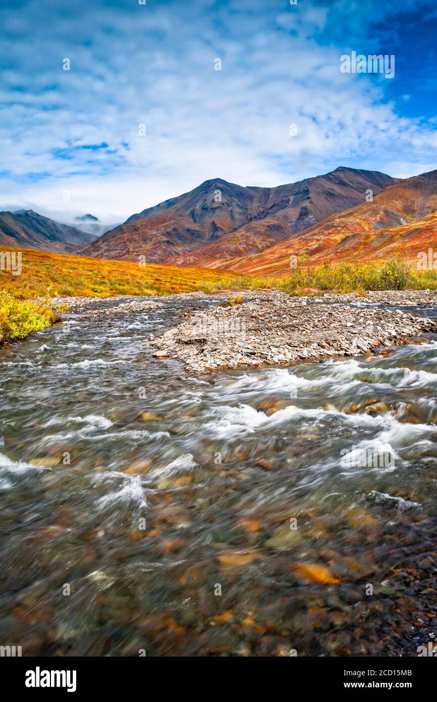 Kuyuktuvuk Creek und Brooks Mountains in Herbstfarben unter blauem Himmel. Tore des Arctic National Park and Preserve, Arctic Alaska im Herbst Stockfoto