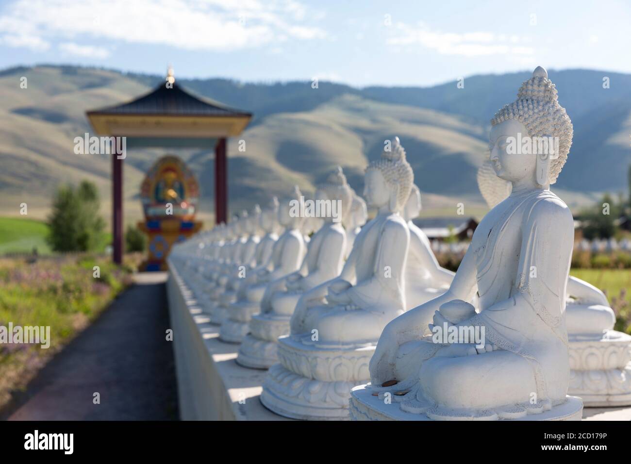 Reihen von Buddha-Statuen im Garten von tausend Buddhas in Arlee, Montana am 24. Juli 2020. Gegründet von Gochen Tulku Sang-ngag Rinpoche im Jahr 2000 an Stockfoto