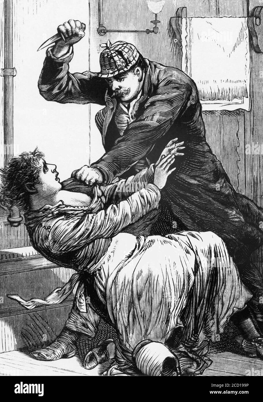 Jack the Ripper. Illustration aus dem National Police Gazette im Februar 1889 mit dem Titel "ein weiteres Opfer von Jack the Ripper - angeblicher Angriff auf die hübsche Miss Eisenhart im Cooper Hospital, Camden, N. J., die sie auf schreckliche Weise zerschlagen hat" Stockfoto