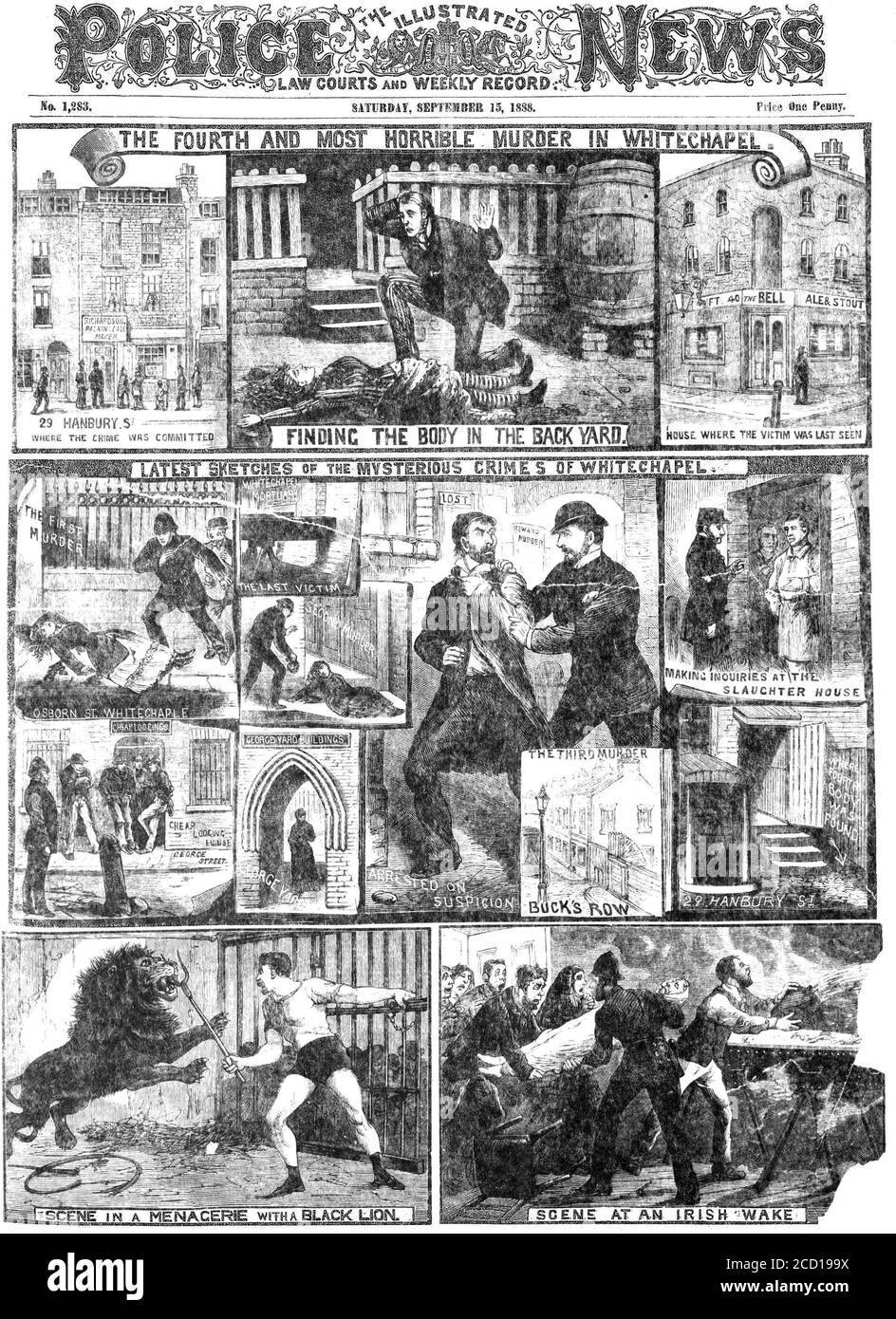 Jack the Ripper. Illustration aus der Illustrierten Polizei-News vom September 1888 mit dem Titel "der vierte und schrecklichste Mord in Whitechapel" Stockfoto