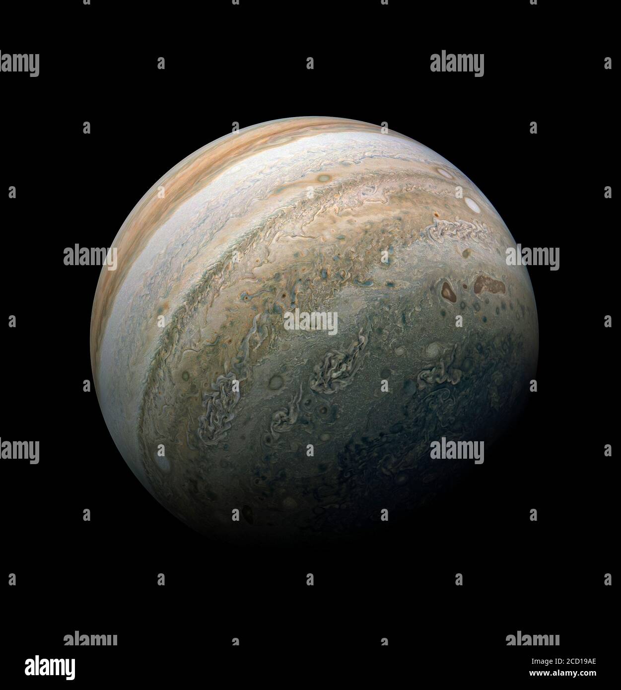 Jupiter. Zusammengesetztes Bild des Planeten Jupiter aus der Weltraummission Juno, aufgenommen im Februar 20020. Stockfoto