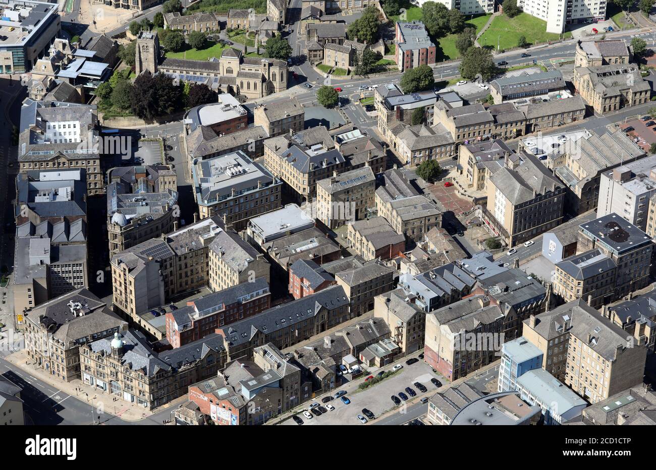 Luftaufnahme des Little Germany Stadtgebiets von Bradford City Centre, West Yorkshire Stockfoto