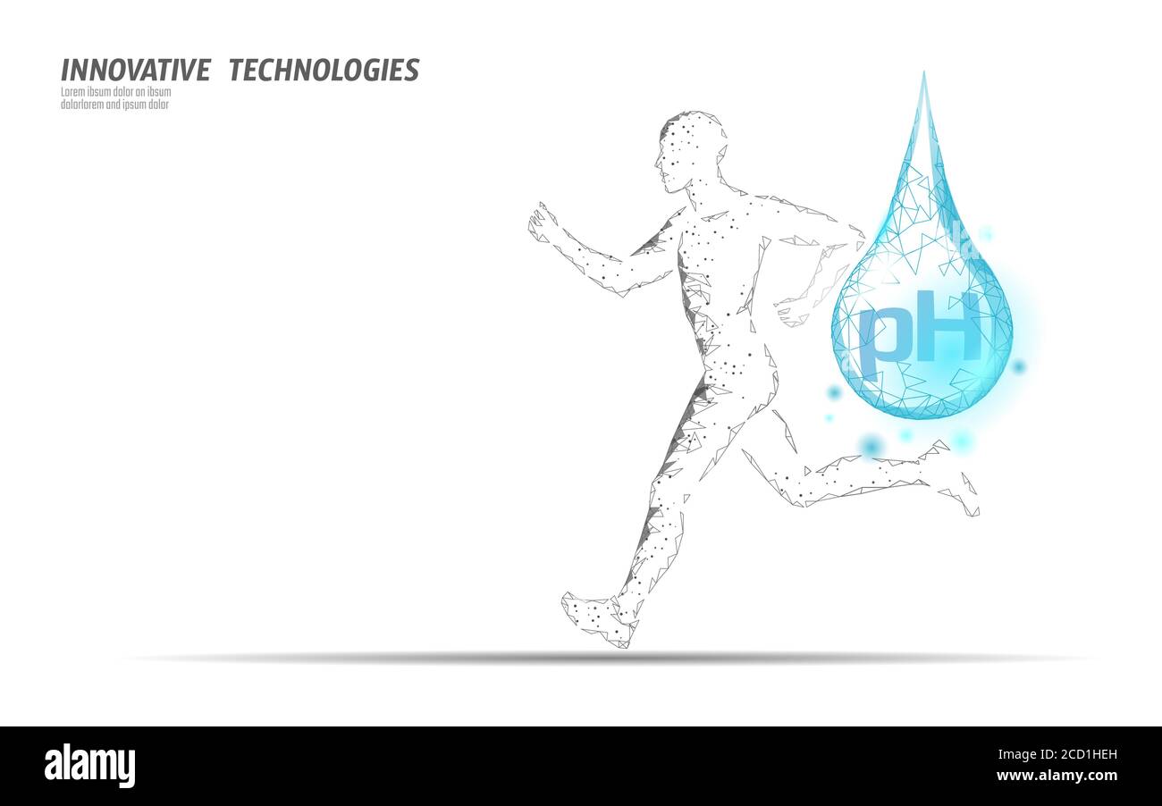 Wasser aqua pH Jogger Rehydratation Konzept. Gesundheit gegen Dehydrierung isotonische Elektrolyte trinken. Läufer Sportler Low Poly 3D Vektor Stock Vektor