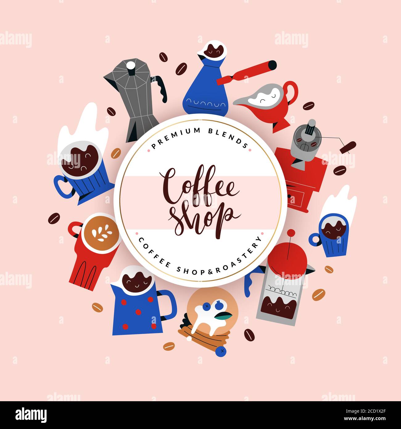 Kaffee Verpackung Etikett Design, moderne Anordnung mit Illustrationen von Kaffee-Tools und Getränke in Tassen, Tassen, dekorative Menü Design-Vorlage, gut Stock Vektor