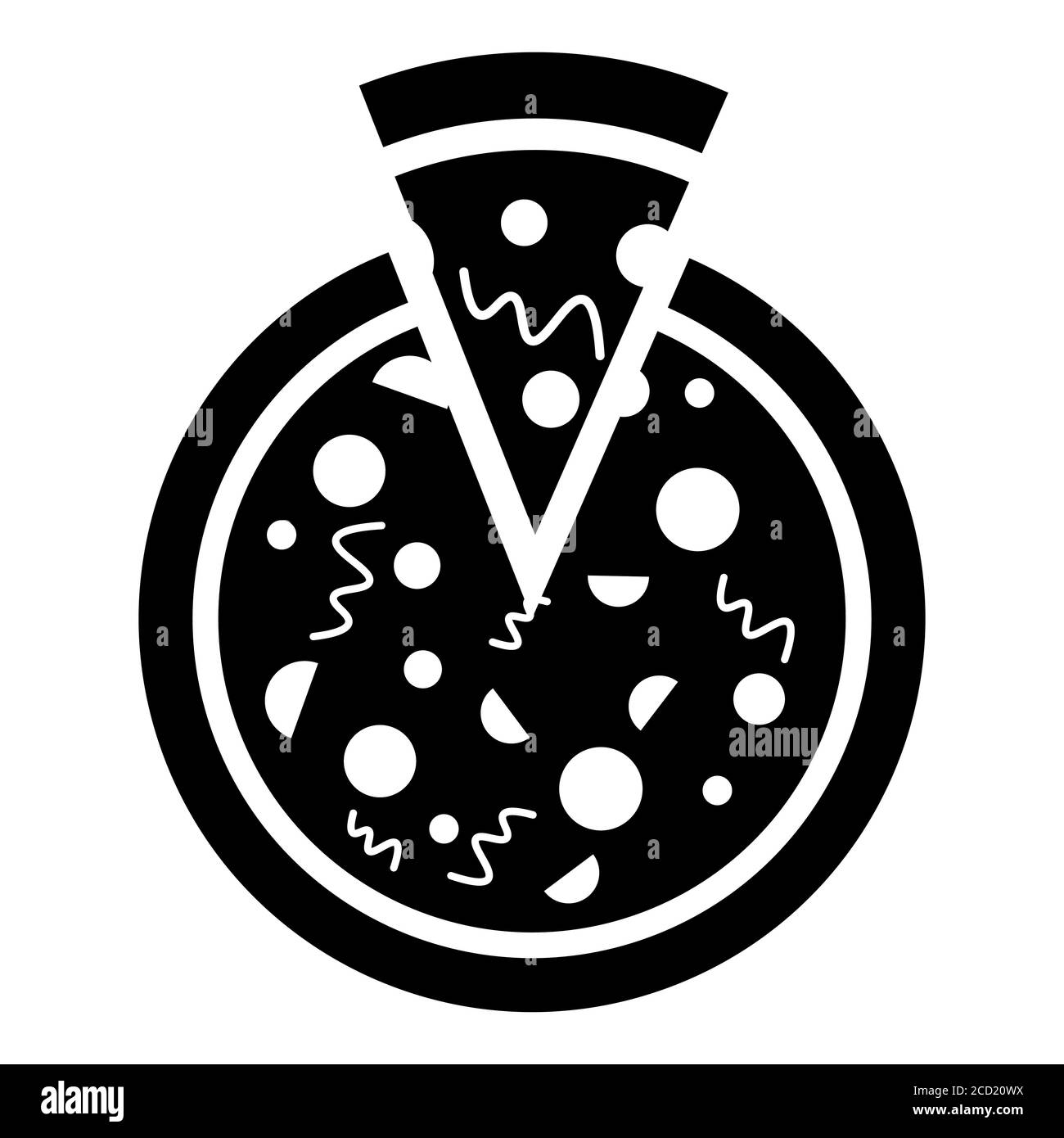 Pizza mit geschnittener Scheibe. Schwarzes Symbol für Fast-Food-Lieferung, Vektorgrafik. Stock Vektor