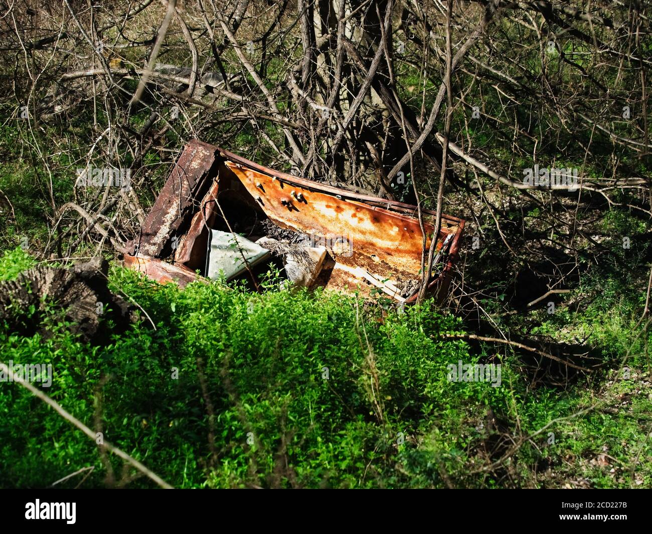 The Woodlands TX USA - 01-20-2020 - Old Rosted Kühlschrank Ein überfluteter Wald Stockfoto