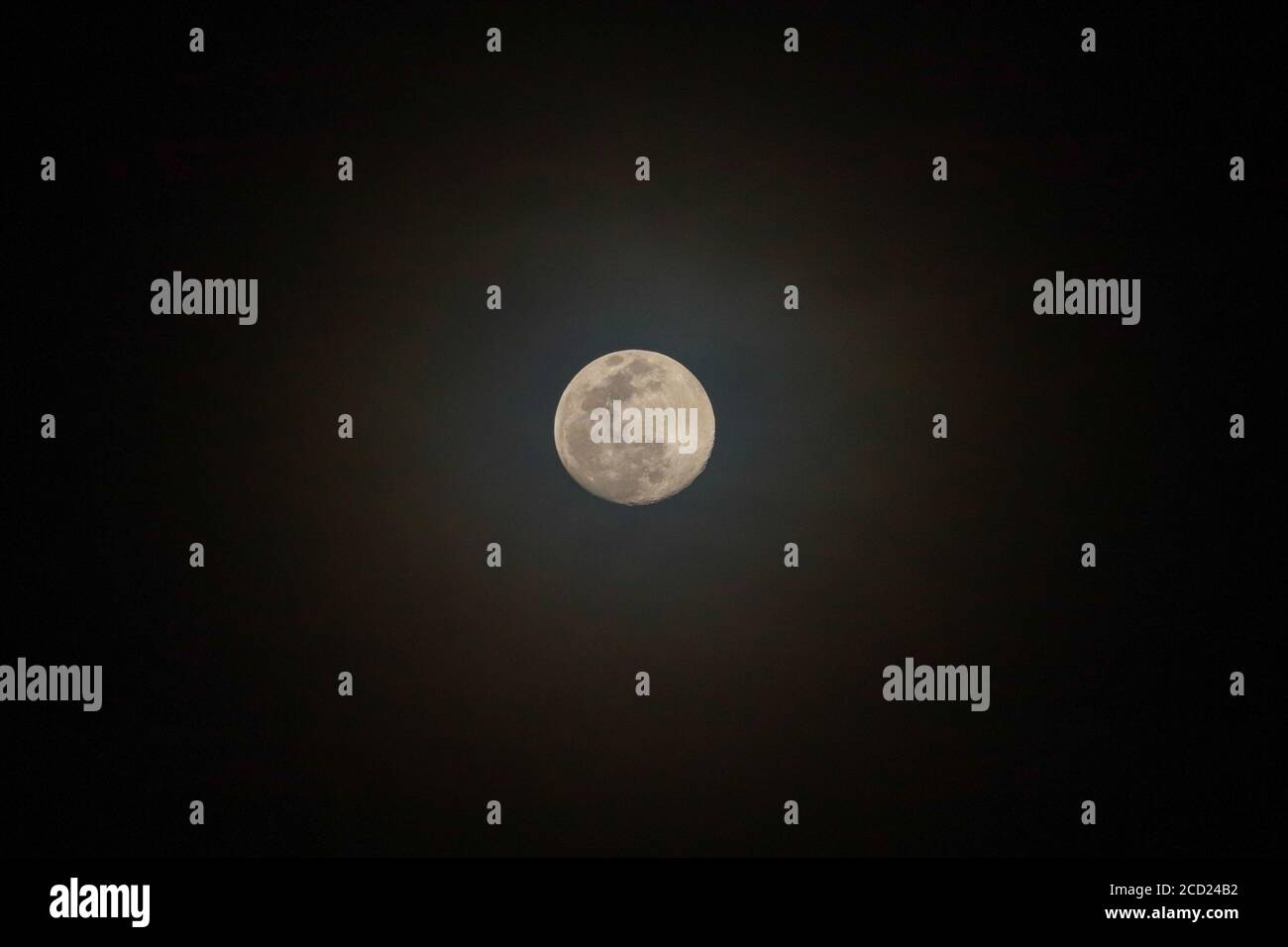 Mond Aufnahme des Mondes mit Halo um ihn herum in Wolken, Aufnahme in einer bewölkten Nacht. Volle Stimmung sieht immer schön aus. Stockfoto