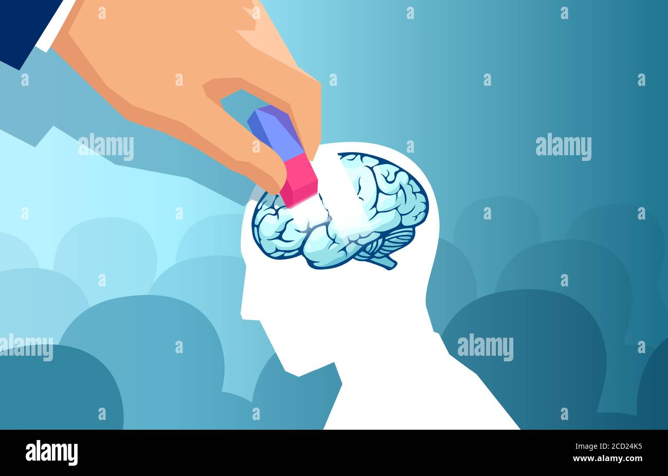 Demenz und Gedächtnisverlust Konzept. Vektor einer Hand, die einen Teil des menschlichen Gehirns eines Mannes löscht Stock Vektor