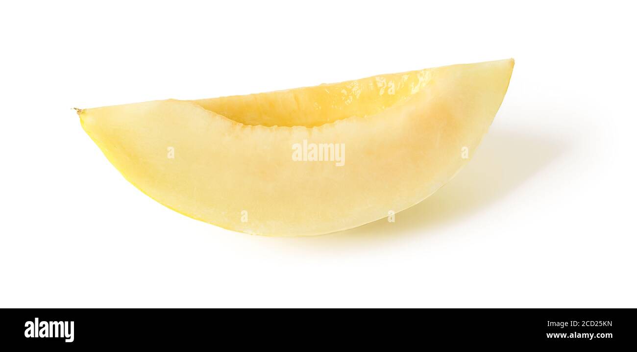 Scheibe von leckeren reifen Honigmelone isoliert auf weißem Hintergrund. Vegetarische, Rohkost Ernährung und gesunde Ernährung. Süße Früchte und Beeren. Vorderansicht. Stockfoto