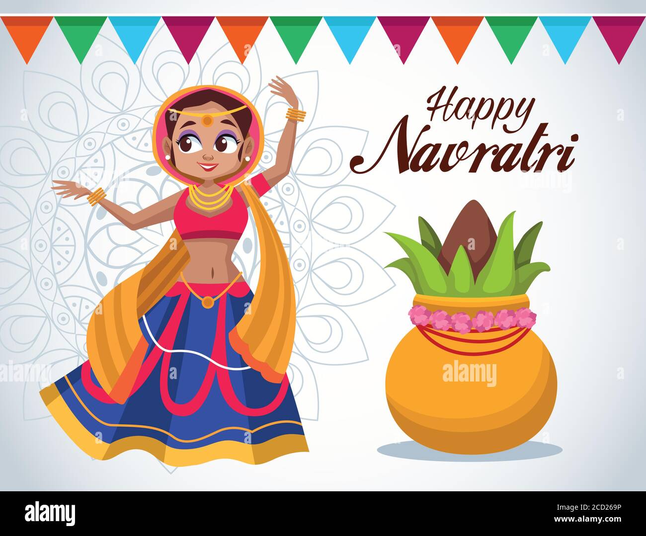Happy navratri Feier Karte Schriftzug mit schönen Frau tanzen Vektor Illustrationsdesign Stock Vektor
