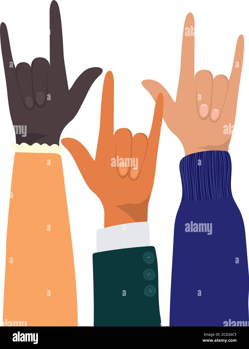Rock-Zeichen mit Händen von verschiedenen Arten von Skins Design, Vielfalt Menschen multiethnischen Rasse und Community-Thema Vektor-Illustration Stock Vektor