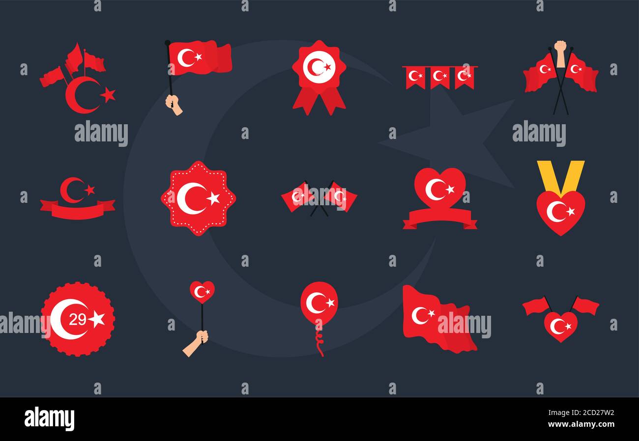 Icon Set von Herzen mit türkei Fahnen Design und türkei republik auf schwarzem Hintergrund, flachen Stil, Vektor-Illustration Stock Vektor
