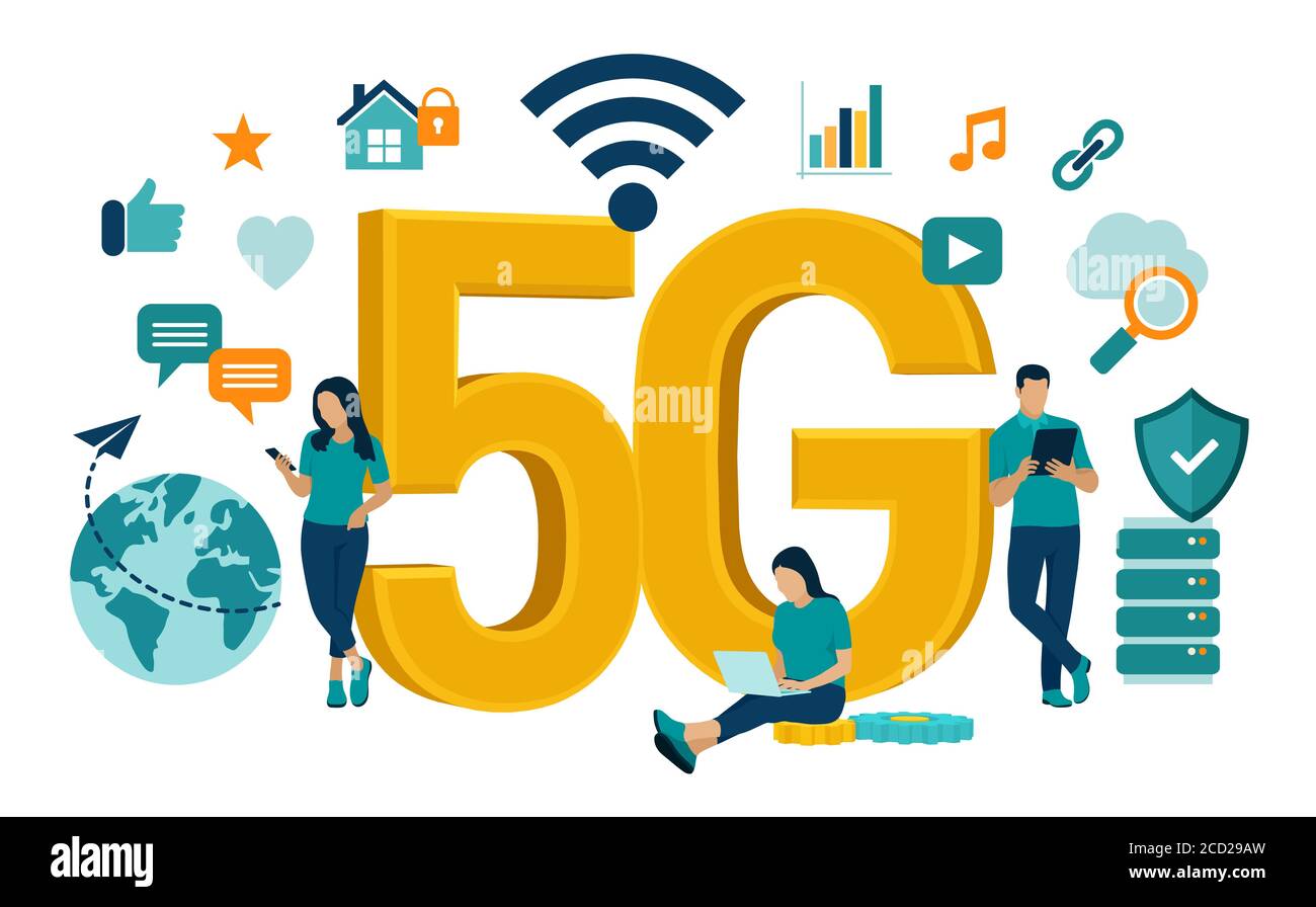 5G Network Internet Mobiles Technologiekonzept. 5G Funksysteme und Internet der Dinge . Mobiles High-Speed-Internet. Mit modernen digitalen Geräten Stock Vektor