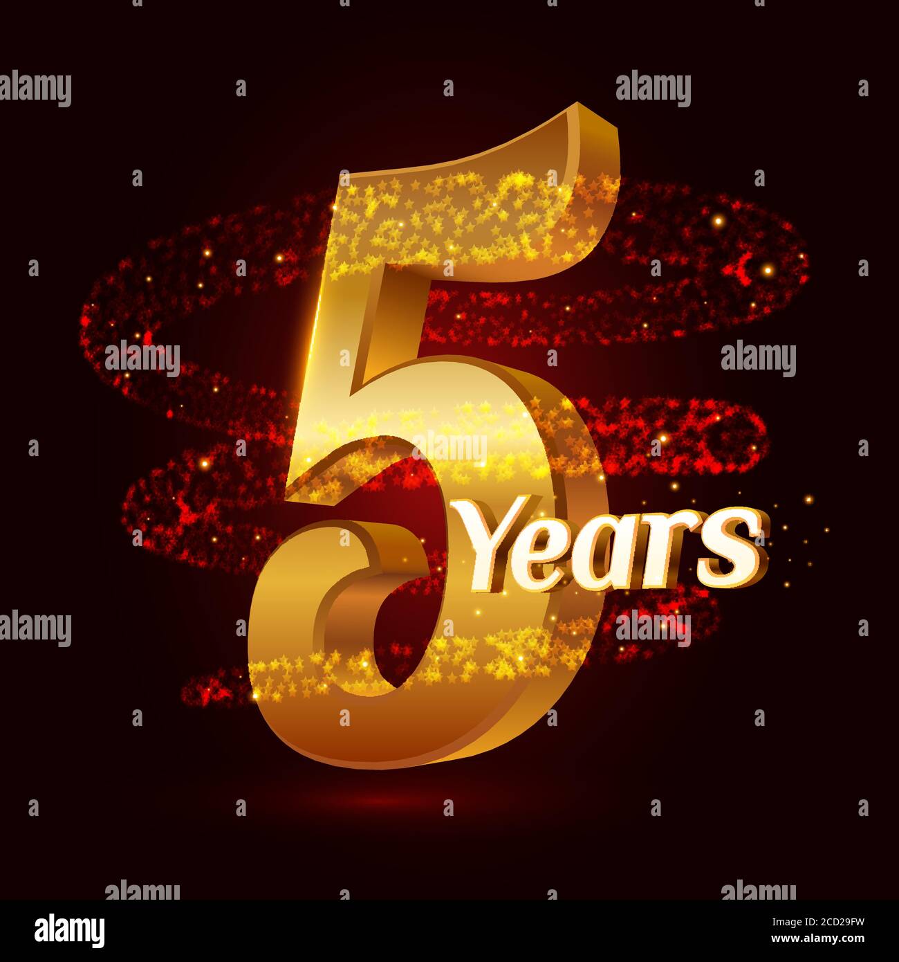 5 Jahre goldenes Jubiläum 3d Logo Feier mit glitzernden Spiral Stern Staub Spur funkelnden Partikeln. Fünf Jahre Jubiläum modernes Design Stock Vektor