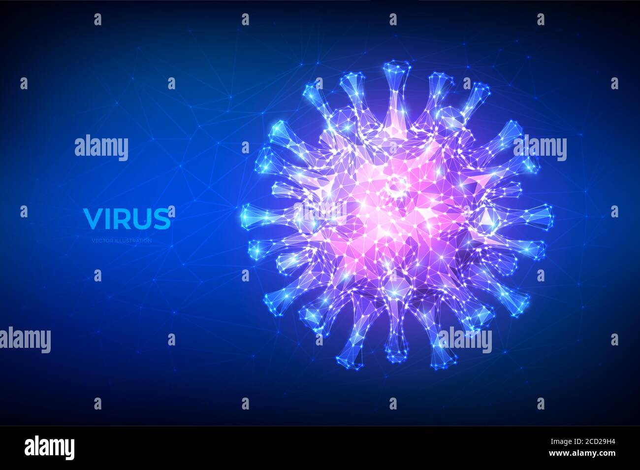 Coronavirus 2019-NCoV Neues Coronavirus low poly abstraktes Konzept. Mikroskopische Ansicht der Viruszelle aus der Nähe. Gefährliche asiatische ncov Corona Virus, SARS Stock Vektor