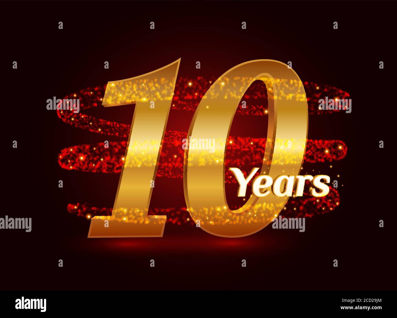 10 Jahre goldenes Jubiläum 3d Logo Feier mit glitzernden Spiral Stern Staub Spur funkelnden Partikeln. Zehn Jahre Jubiläum modernes Design Stock Vektor