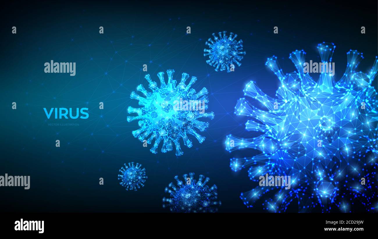 Coronavirus 2019-NCoV Neues Coronavirus low poly abstraktes Konzept. Mikroskopische Ansicht von Viruszellen aus der Nähe. Gefährliche asiatische ncov Corona Virus, SARS Stock Vektor