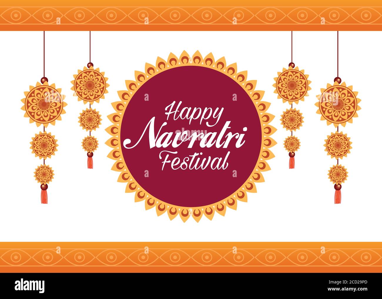 Happy navratri Feier Karte Schriftzug mit Dekorationen hängen Vektor Illustration Design Stock Vektor