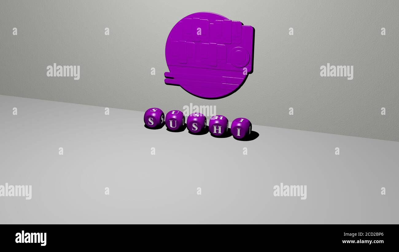 Sushi 3D-Symbol an der Wand und Text von kubischen Alphabeten auf dem Boden, 3D-Illustration Stockfoto