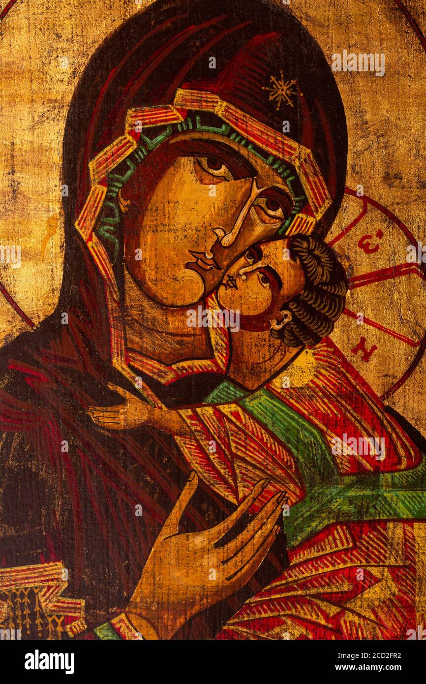 Ikone gemalt im byzantinischen oder orthodoxen Stil, die Jungfrau Maria und Jesus darstellt. Stockfoto