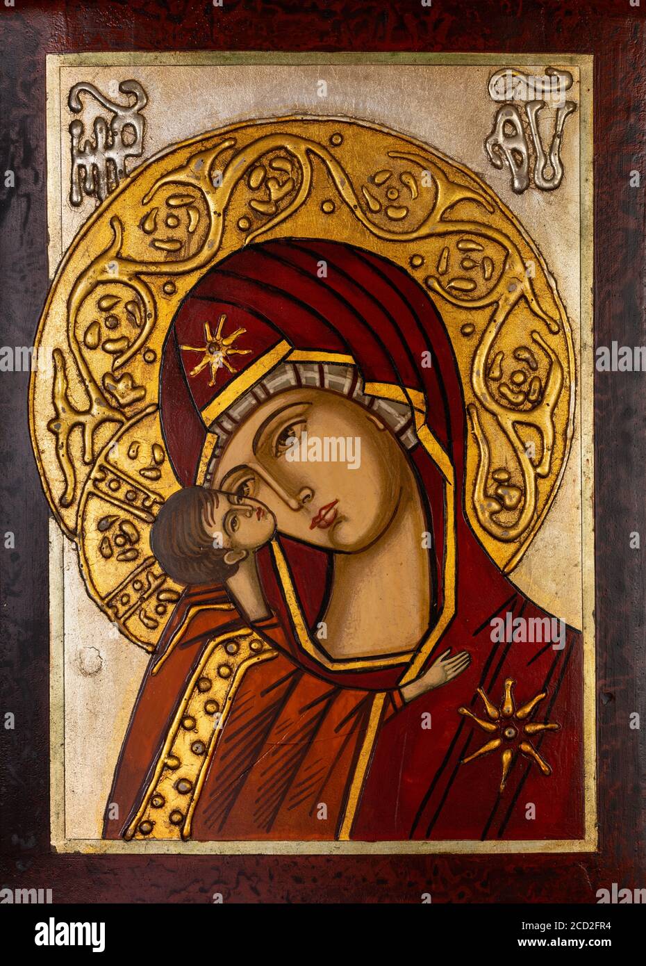 Ikone gemalt im byzantinischen oder orthodoxen Stil, die Jungfrau Maria und Jesus darstellt. Stockfoto