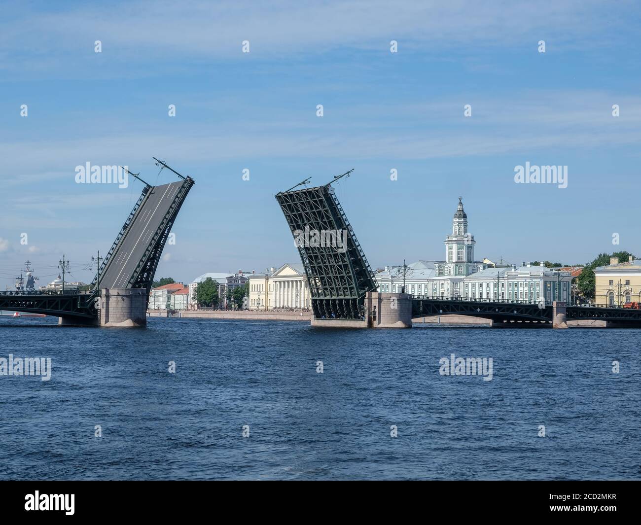 Zugbrücke und das Kunstkameragebäude in St. Petersburg, Russland. Stockfoto